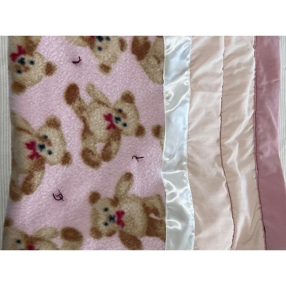 Vintage Pink Teddy Bear Baby Blanket Satin Trim Quilted Border Fleece 33x42